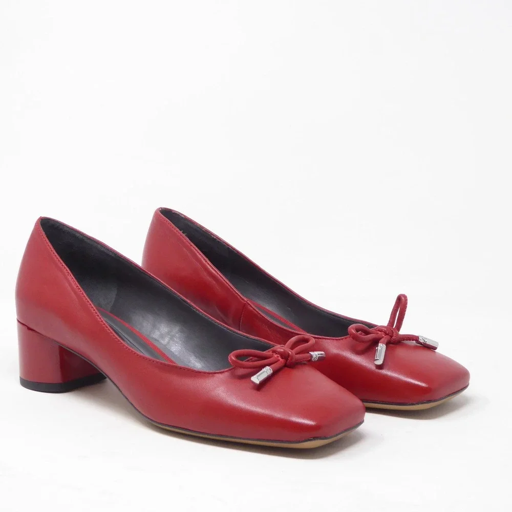 Franco Sarto Women Natalia Pumps Red Leather Square Toe Bow Block Heel 6.5W Wide